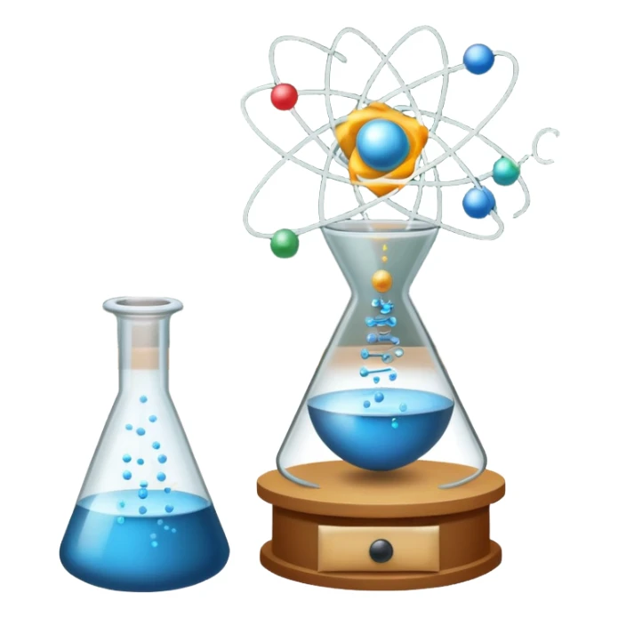 An icon featuring an atom model, a beaker with swirling particles, and a chalkboard with E=mc², symbolizing physics. The design includes a magnet, a pendulum, and a prism splitting light, representing the study of matter, energy, and natural laws. Transparent background  sticker