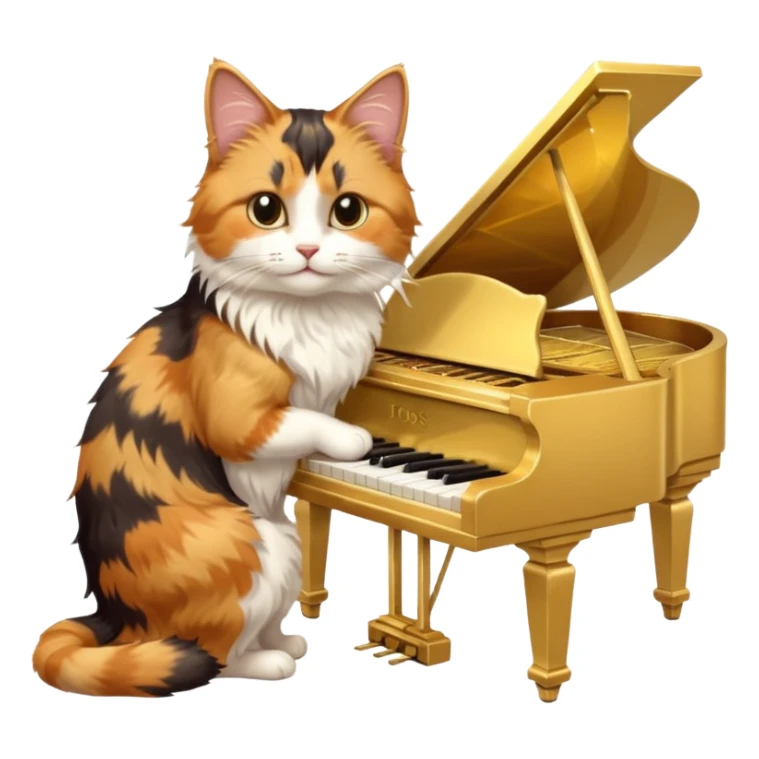 calico cat play gold piano, portrait sticker