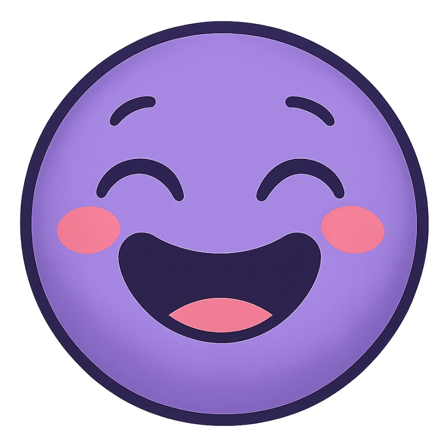 a cute purple laughing face emoji, big smile, closed eyes, blushing cheeks, joyful sticker