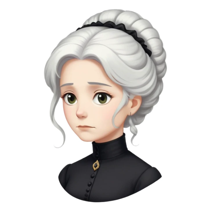 A Victorian woman with elegant coiffed white hair and light eyes wearing a simple modest black turtleneck mourning dress looking down with a forlorn expression sticker