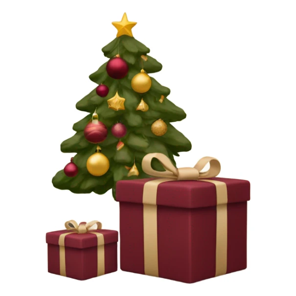 burgundy Christmas gifts under a beige tree sticker