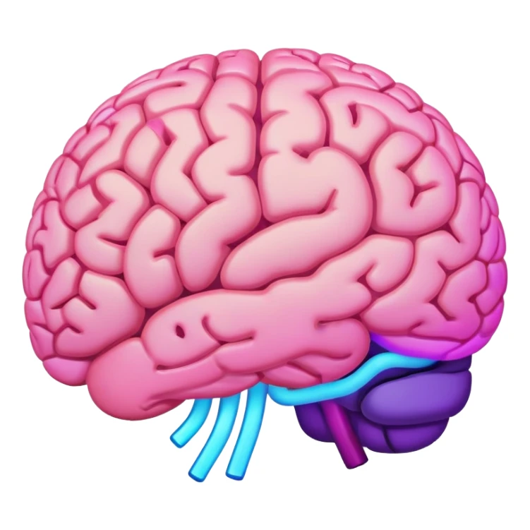 brain in regular pink/flesh color, with neon glow effect, blue neon glow on top left, purple neon glow on bottom right sticker