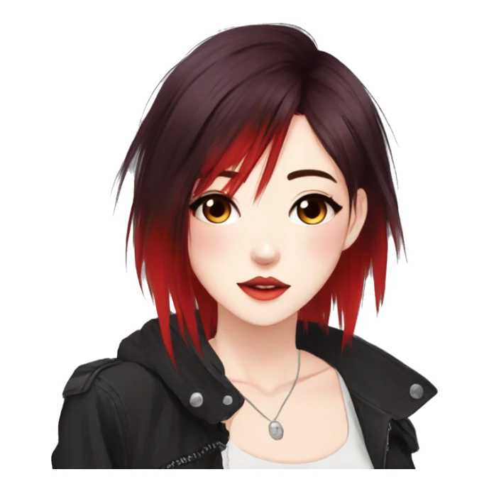 Gorgeous anime style lady with blushing face aesthetic and pretty edgy black red punk hair with hair garment trending style sticker