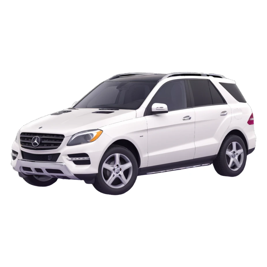 3D style image of a 2015 Mercedes Benz ML350 SUV, white exterior, black interior, three-quarter angle sticker