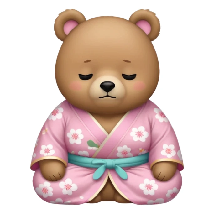 A cute chubby light-brown bear wearing a pastel pink sakura-patterned kimono, standard body and small round head, adorable simple face, sleepy half-closed eyes, small blush on cheeks, sitting while dozing off, tiny “zzz” floating above the head sticker
