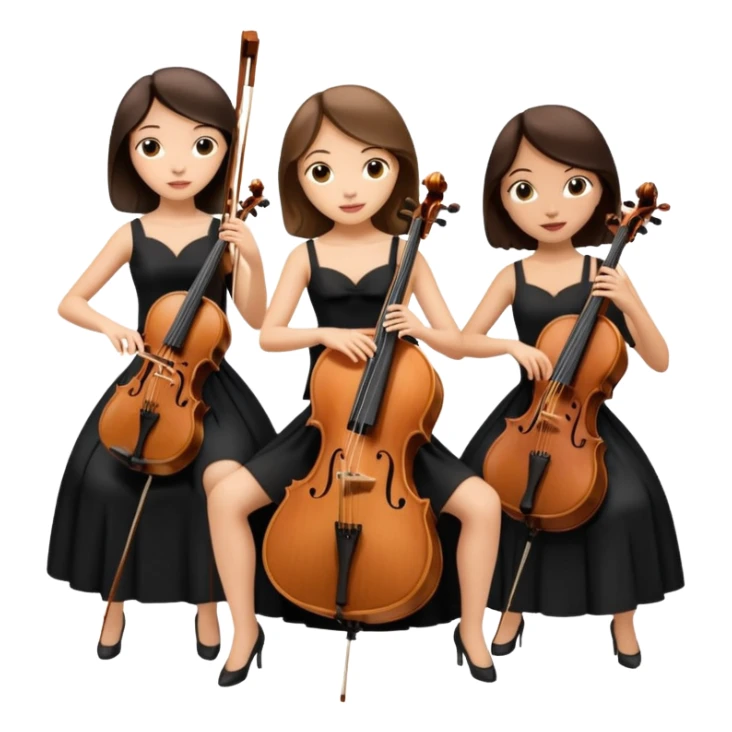 Create an imagine of three brunette women playing string instruments in black dresses, the first is playing a cello, the second is playing a viola and the third is playing the violin sticker