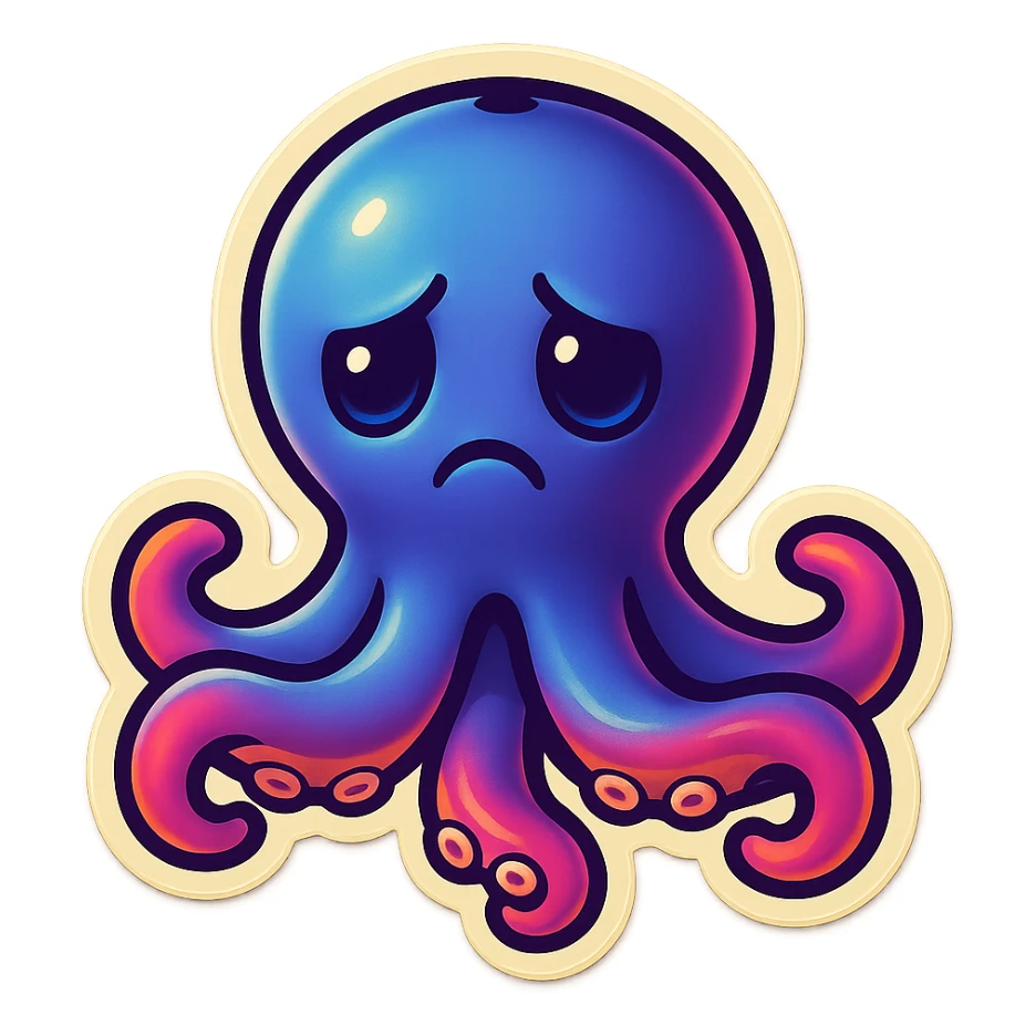 Change the octopus emoji's face to a sad expression, keep the style and pose the same, transparent background. sticker