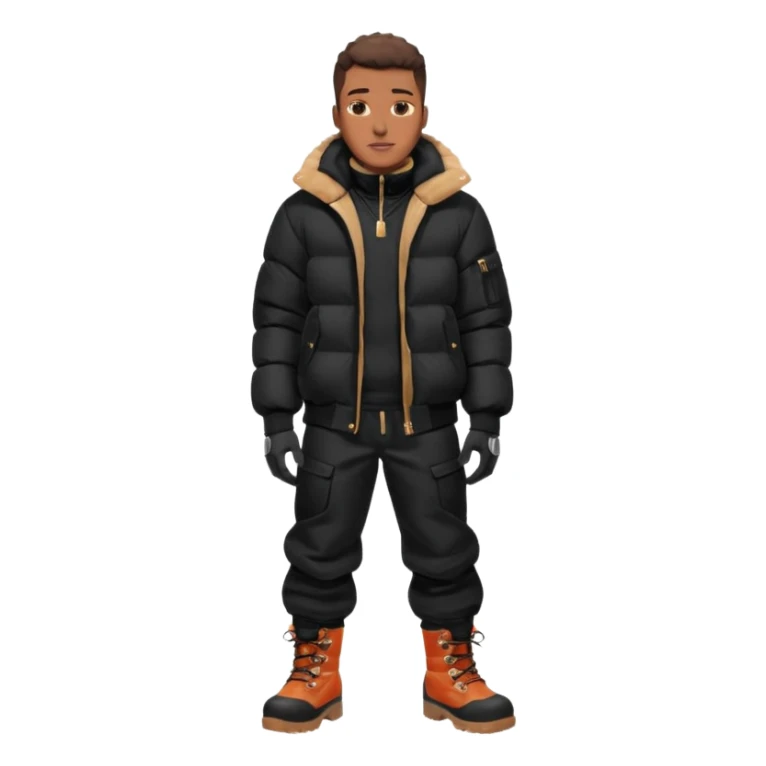 Handsome Black grown man with brown skin tone, wear black joggers, a black bubble coat, and buckwheat timberland boots, and black gloves sticker