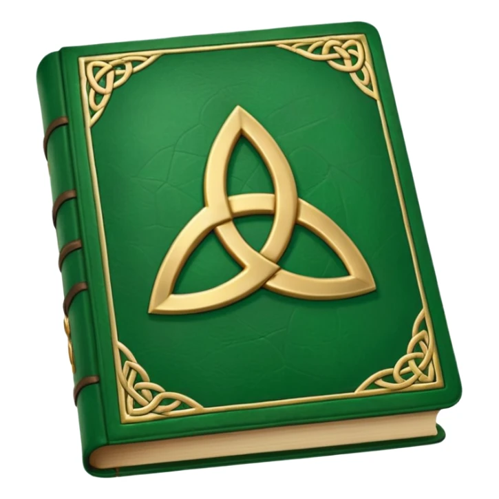 a green closed book with a golden triquetra sticker