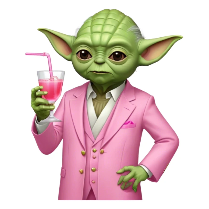 Master Yoda in all pink suit, with one hand holding a pink tequila drink sticker
