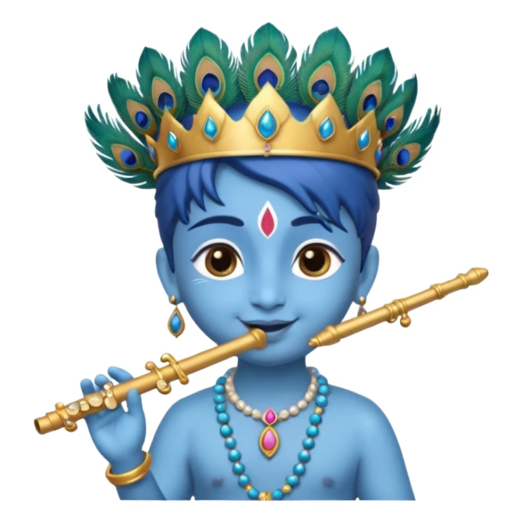 Cute young Krishna emoji, soft blue skin, peacock feather on crown, charming smile, holding a flute, big expressive eyes, round chibi emoji style, divine and joyful look." sticker