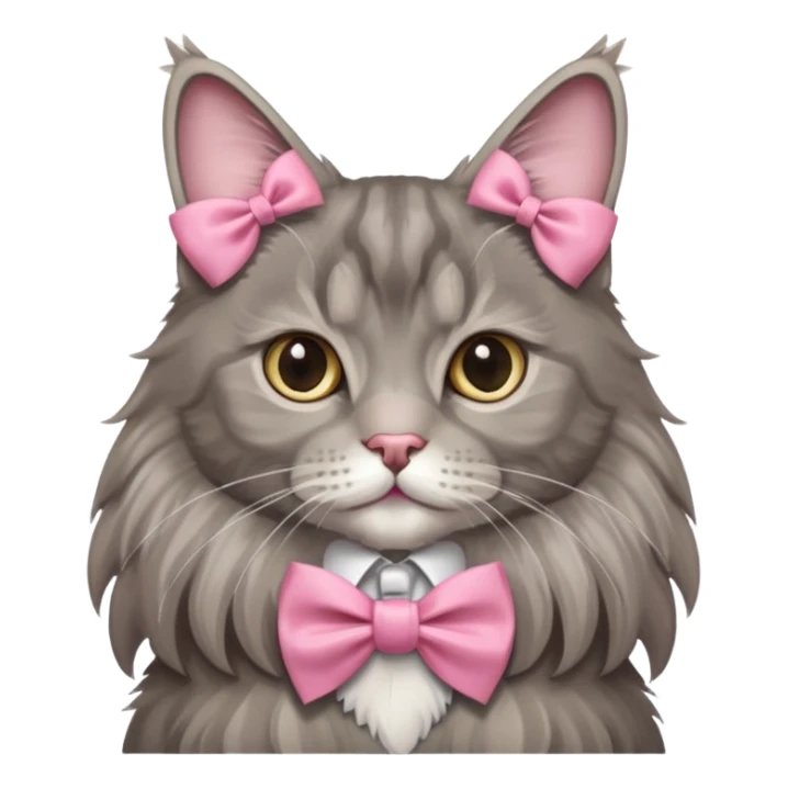 A grey Maine coon Neck Wearing a pink Bow tie  ribbon sticker