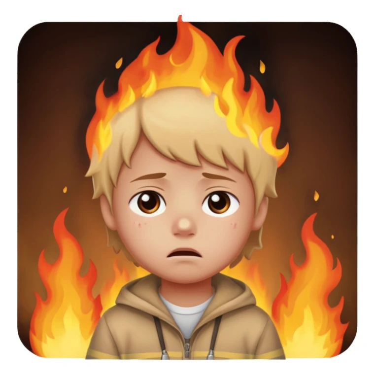 small child sitting sad with flames and burning street behind sticker