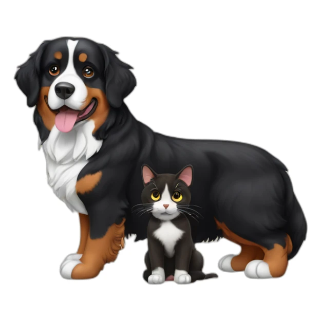 Bernese dog beside A brown and black cat without white sticker