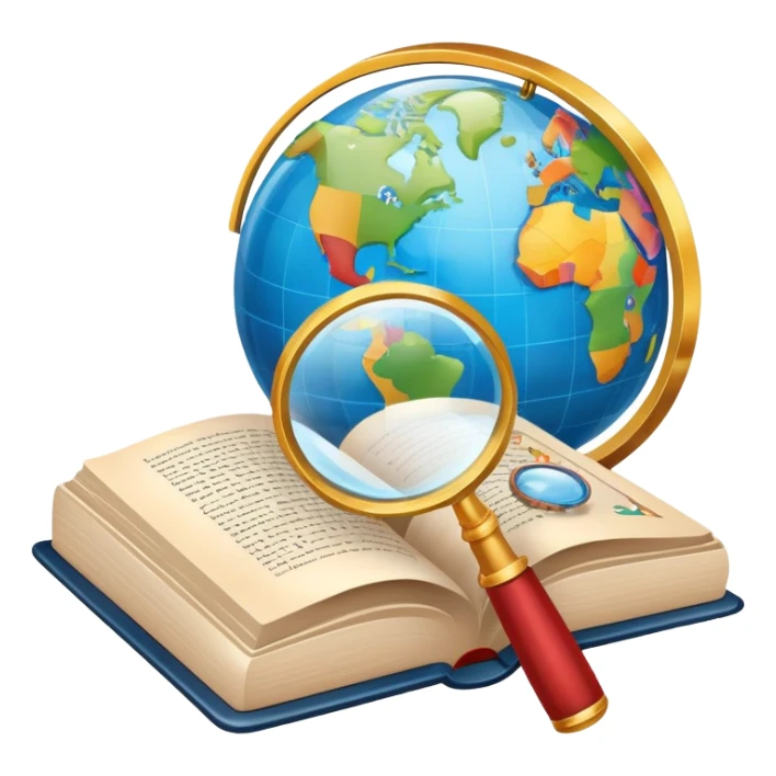 An icon featuring an open book, a speech bubble, and a magnifying glass, symbolizing philology and linguistics. The design includes language symbols, a globe, and alphabet letters, representing the study of languages and their structures. Transparent background  sticker