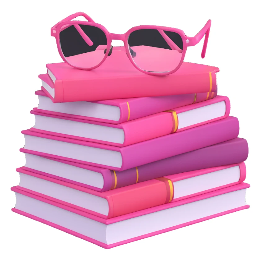 A pile of pink books with glasses on top sticker