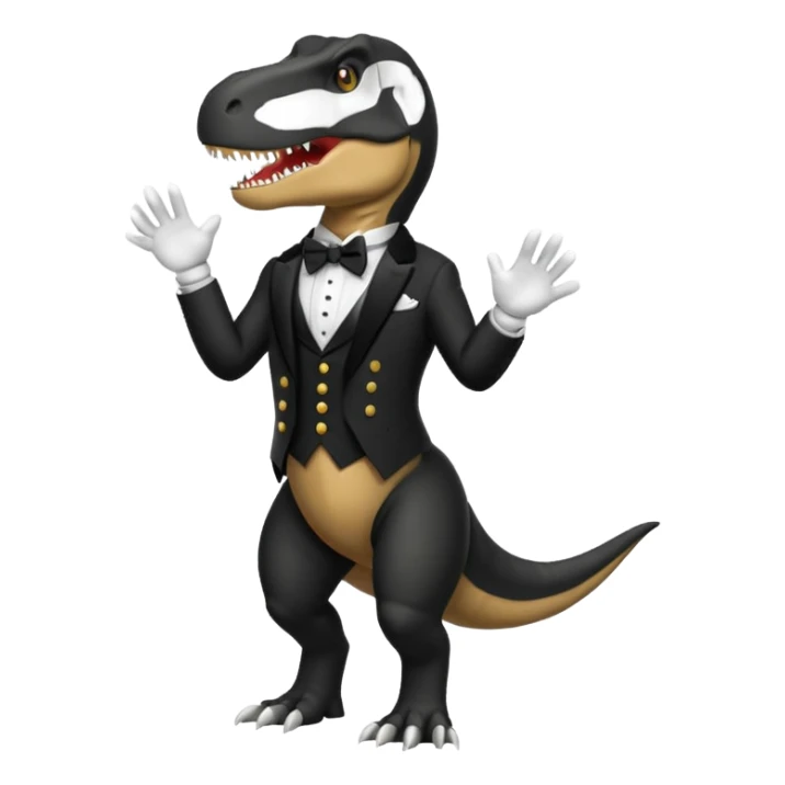 T-Rex standing upright wearing classic butler uniform with black tailcoat white gloves and bowtie 1990s emoji style sticker