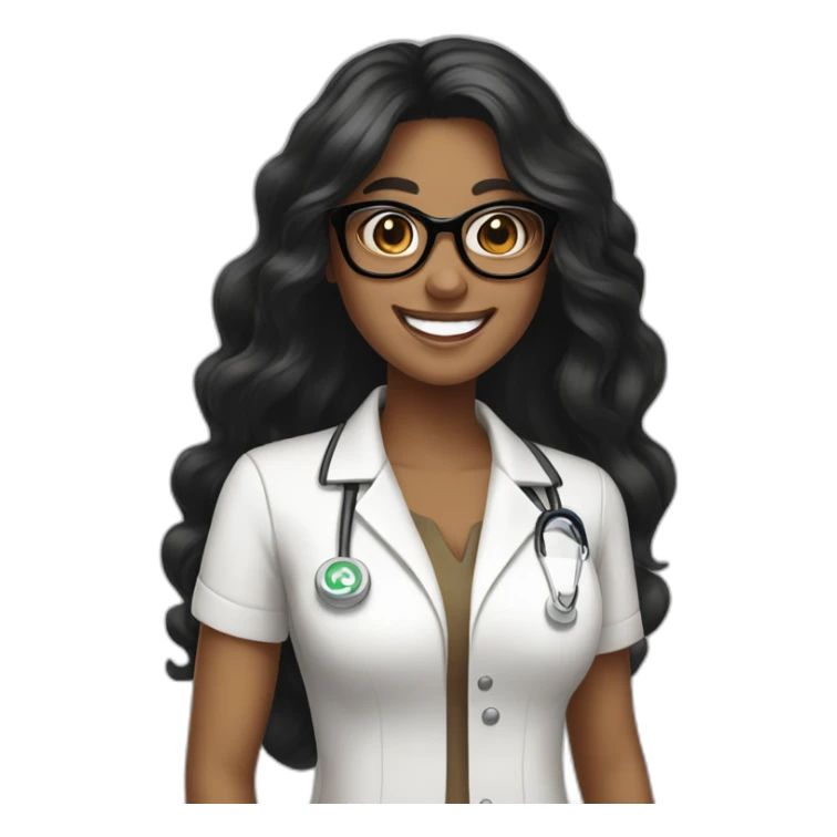 Pharmacist brown skin, long black hair, glasses and a big smile, femail sticker