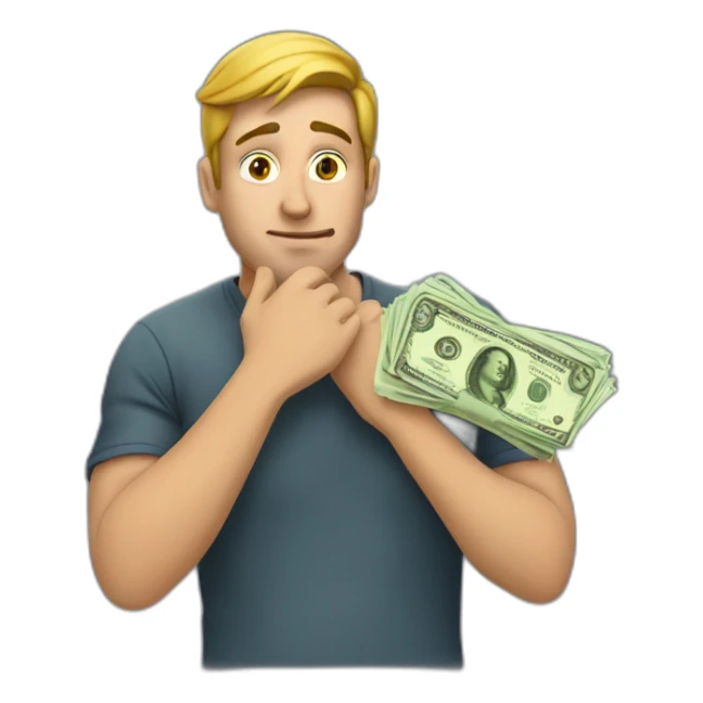 guy with money on his hand and thinking with his hand on his chin  sticker