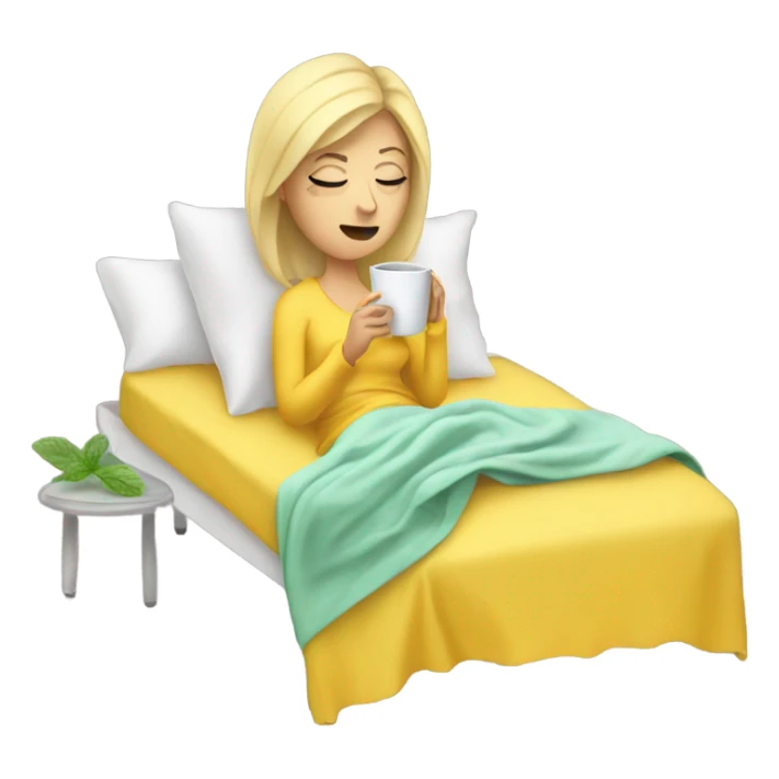 Sick blonde lady in bed with a yellow blanket drinking mint tea sticker