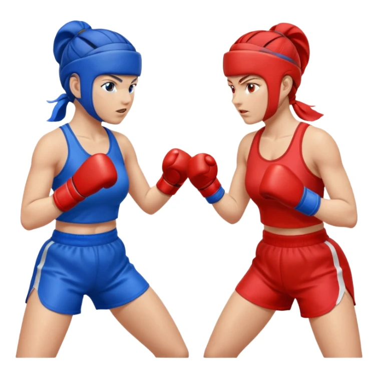 two women sparring, one in blue and one in red sticker