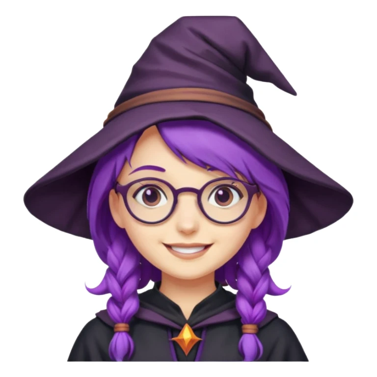 smiling purple haired girl wearing glasses and a witch outfit sticker