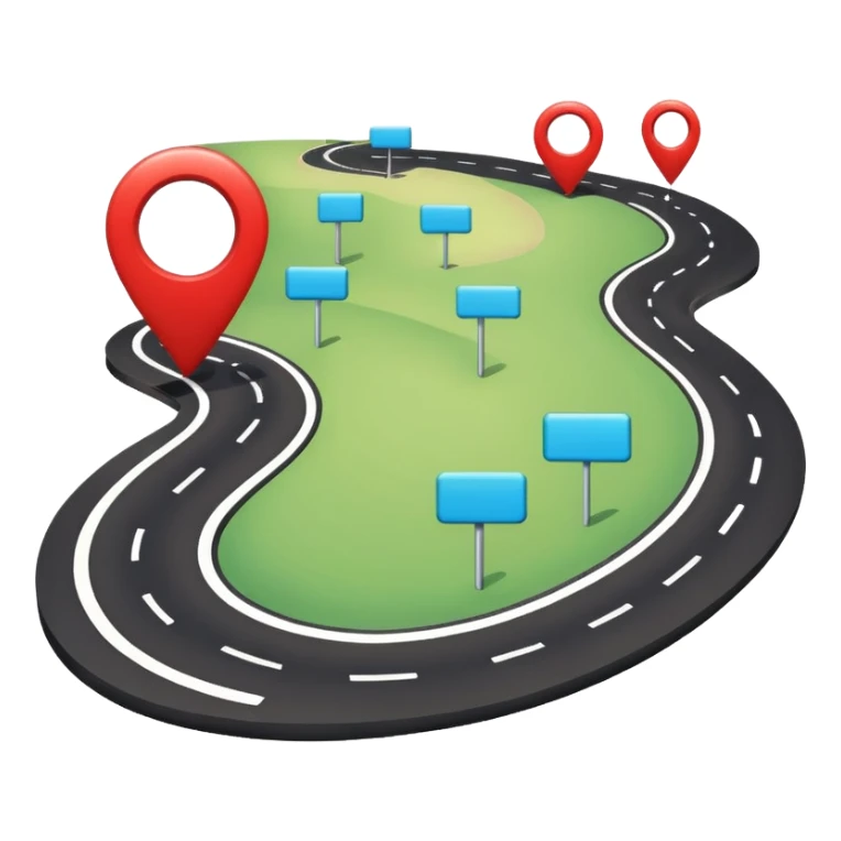 Very simple navigation map icon, bold clean lines, curved road with location pin, Waze style colors, flat design, minimal, no background
 sticker