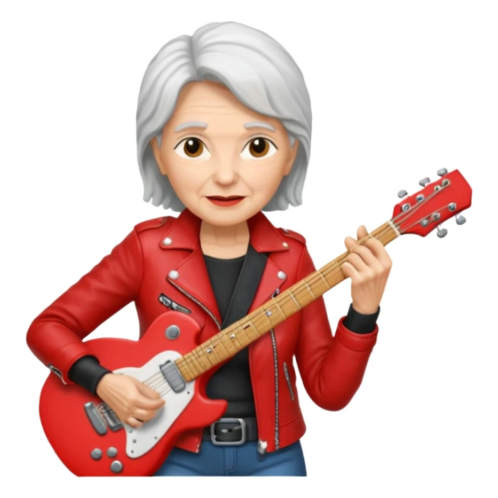 guitar rock player, elder woman head, red jacket sticker