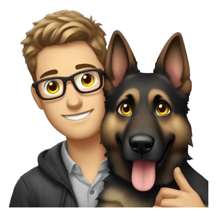 a handsome guy with brown hair, black thin stylish glasses and grey eyes hugging grey german shepherd with yellow eyes sticker