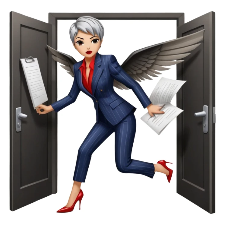 Gender: Female Hair: Silver-streaked black pixie cut Face: Sharp winged eyeliner, blood-red lipstick Clothes: Pinstripe pantsuit with stiletto heels Action: Storming through doors with document tornado trailing sticker