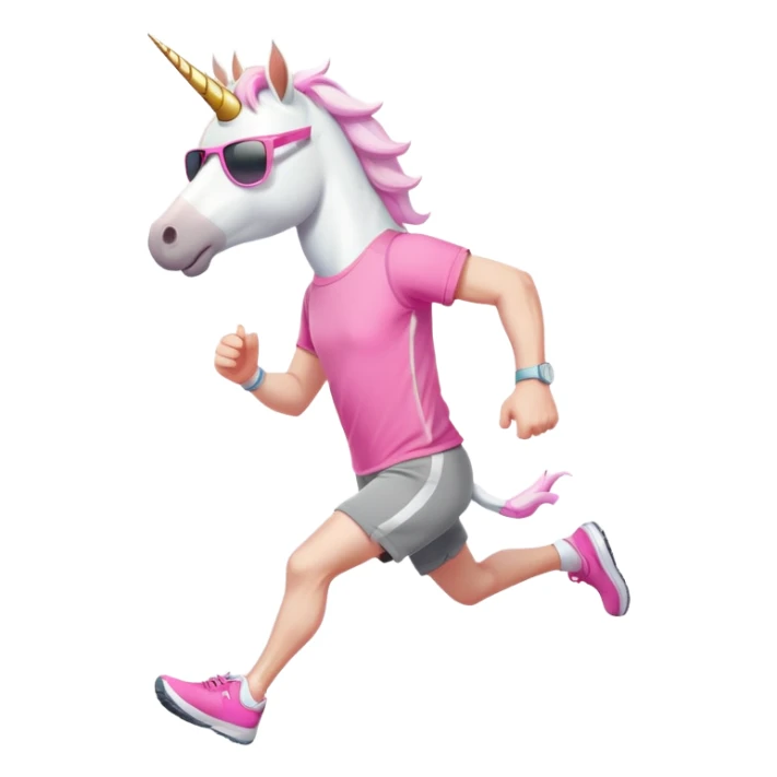 friendly anthropomorphised male white unicorn in grey shorts and pink t-shirt, wearing dark sunglasses, jogging upright in a relaxed pose sticker