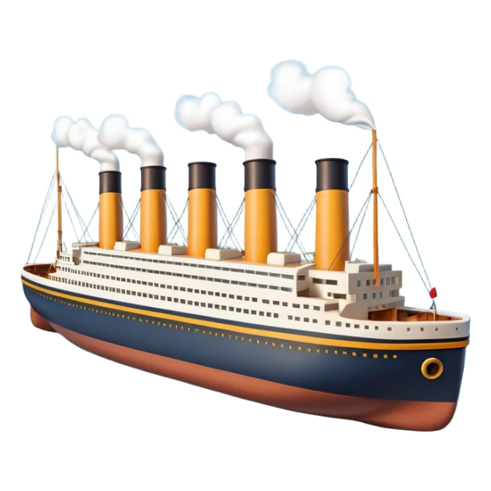 A miniature 3D Titanic ship emoji in Apple style, small and compact with smooth glossy surface, bright clean colors, simplified but recognizable details like smokestacks and windows, no facial features, floating on calm ocean, soft shadows, high-quality render, isolated on white background.



 sticker