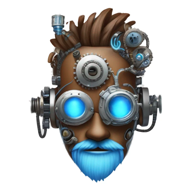 Brown cyborg head with blue Mohawk, blue beard, silver steampunk monocle goggles a smile and circuits sticker