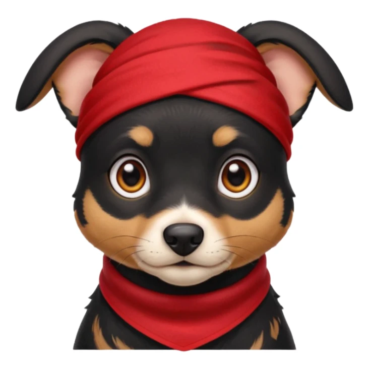 Shadow is a mixed-breed dog, a cross between a Belgian Malinois and a Border Collie. He has a sleek black coat, big upright ears, and bright, intelligent eyes. He wears a red bandana around his neck, which gives him a strong and distinctive look. sticker