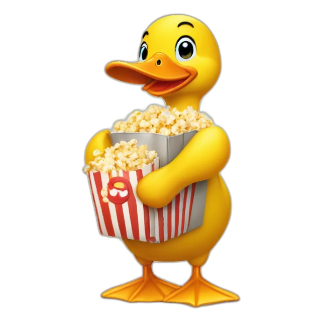 yellow cartoony duck holding bag of popcorn sticker