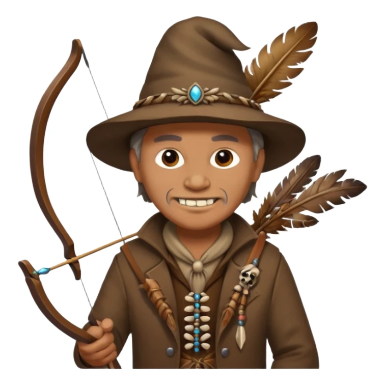 The classic image of a middle-aged uncle hunter carrying a bow, dressed in brown clothes, with some ornaments made of feathers, bones or teeth on his body. sticker