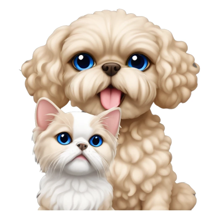 Beige curly fur Devon Rex Cat with blue eyes sitting next to a larger beige shih tzu  dog  sticker
