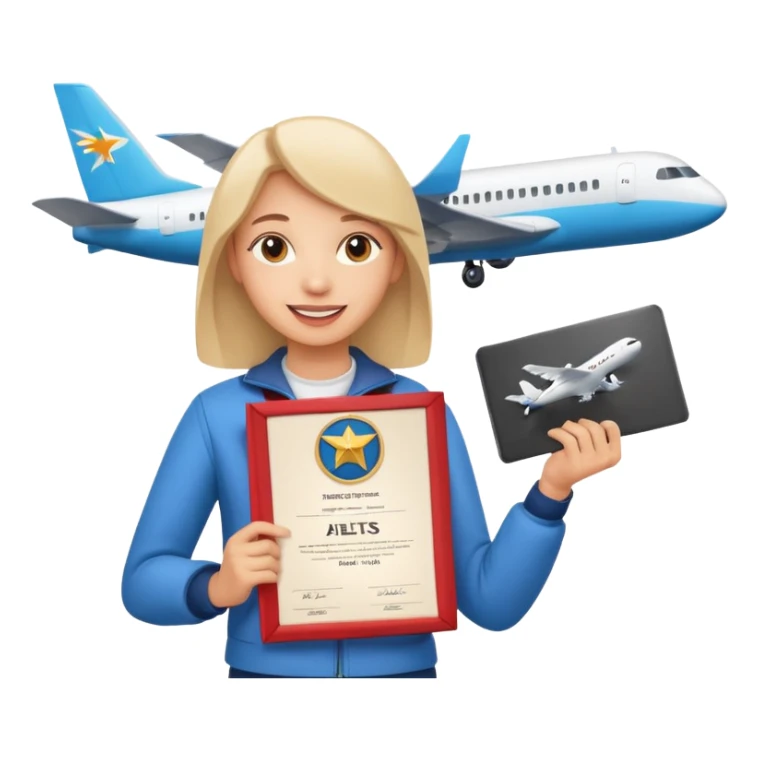 emoji student happy holding certificate IELTS 7.0, success, airplane, white background sticker