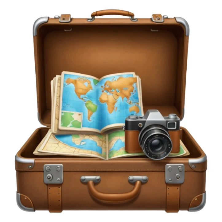 An open traveler's suitcase, from which a map, camera, and phrasebook peek out. sticker