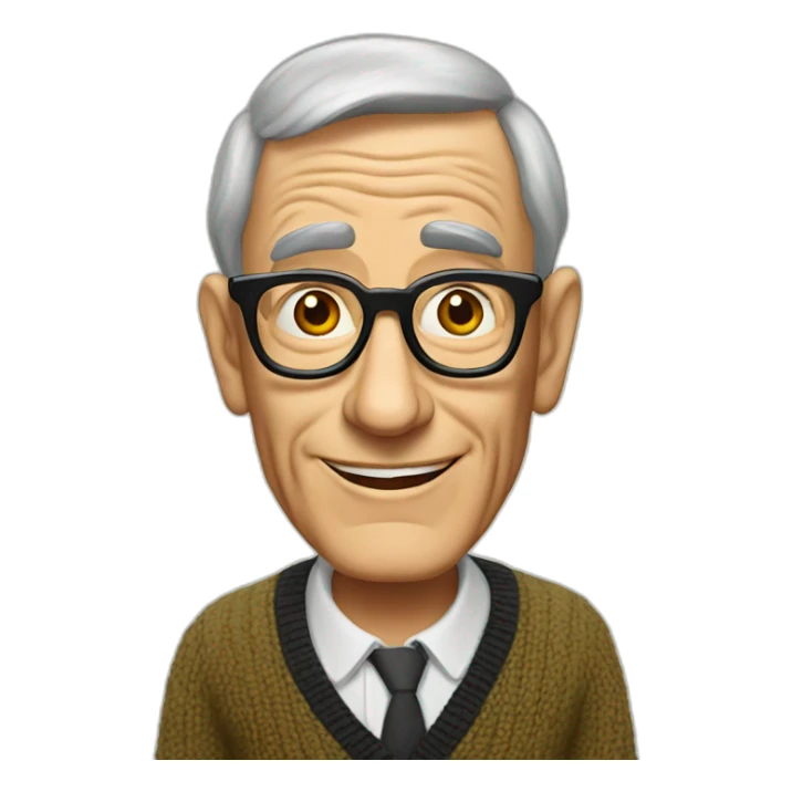 Shelley Berman with thick glasses, wearing a cardigan sticker