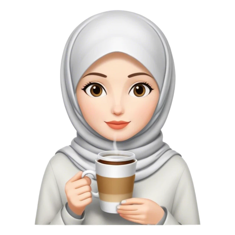 a white skin hijab woman drinks coffee with zepeto styles sticker