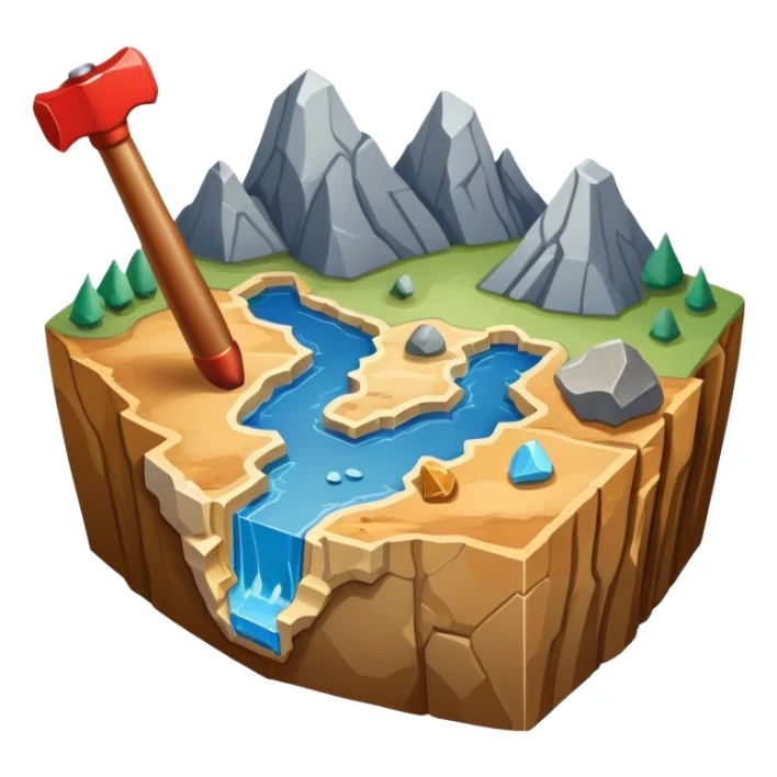 An icon featuring a rock hammer, a geological map, and layers of Earth’s crust, symbolizing geology. The design includes mineral samples, fossils, and tectonic plates, representing the study of Earth’s structure and natural processes. Transparent background highlights geological exploration sticker