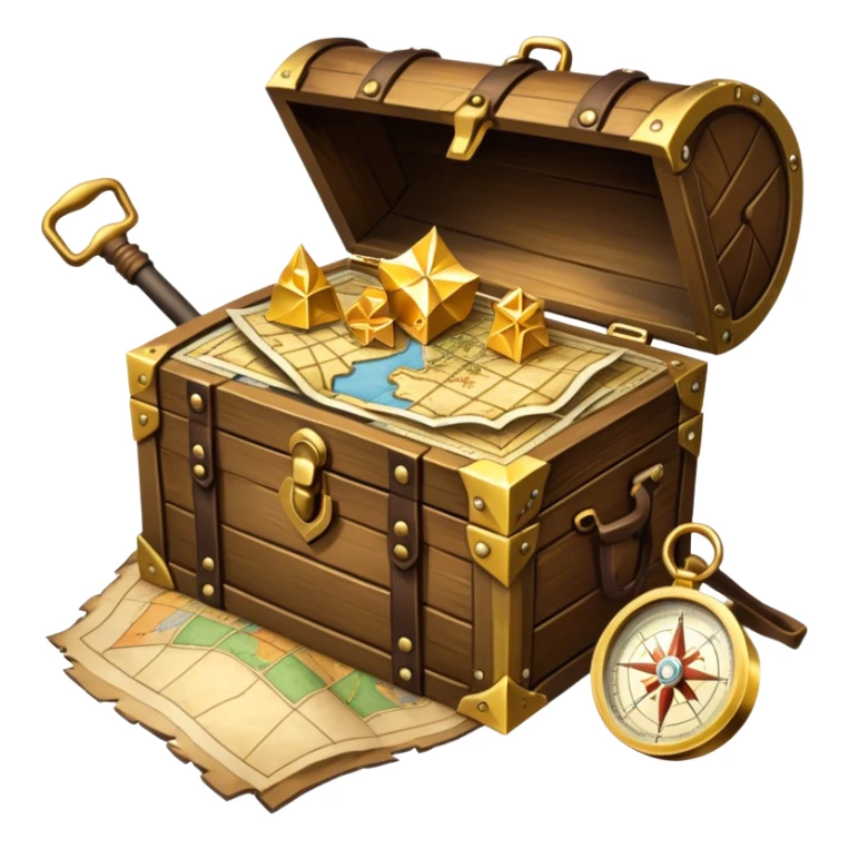 An icon featuring a treasure chest overflowing with gold, a treasure map with a compass rose, a backpack, and a shovel. The map guides the way, symbolizing the adventure of treasure hunting. Set against a transparent background, the design evokes excitement and exploration. sticker