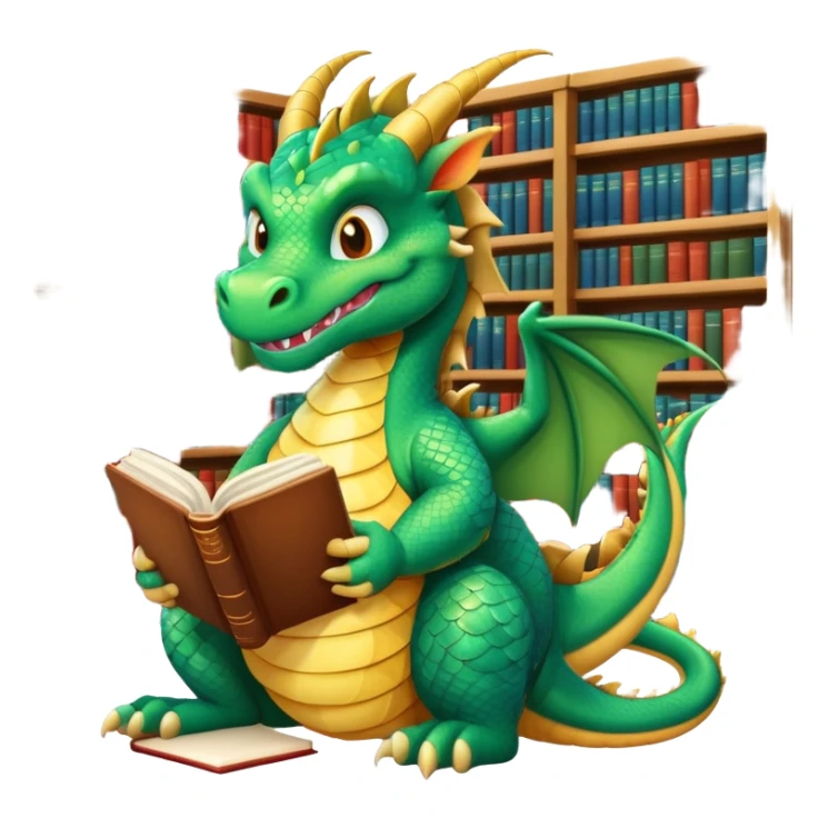 Wise grinning dragon sitting in the library with a book sticker