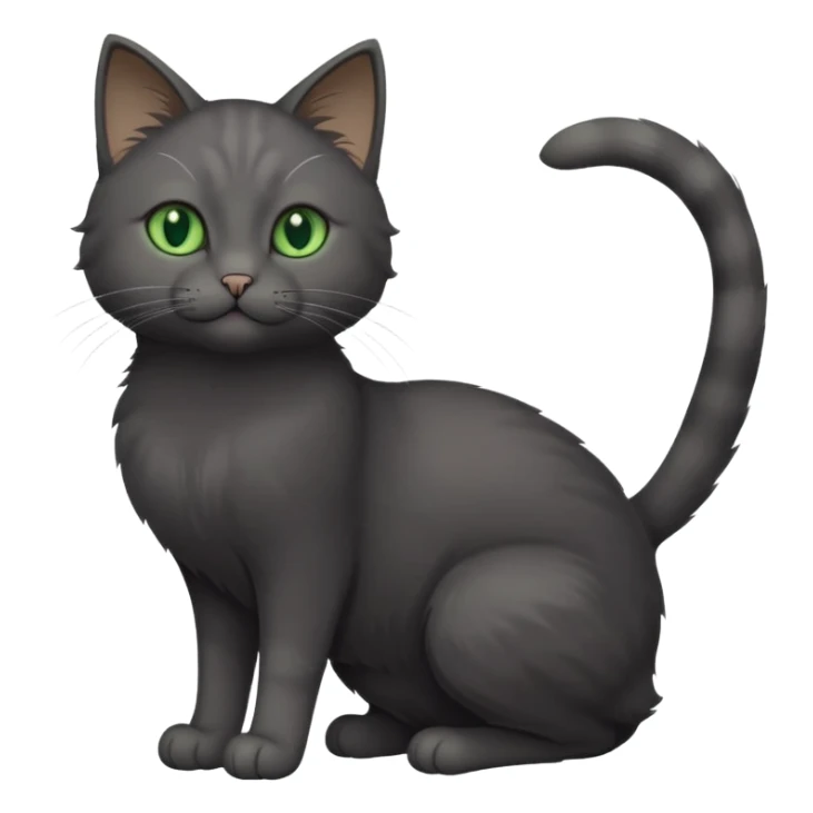 full body gorgeous solid dark grey cat with green eyes, white paws and white whiskers stretching like a cat sticker