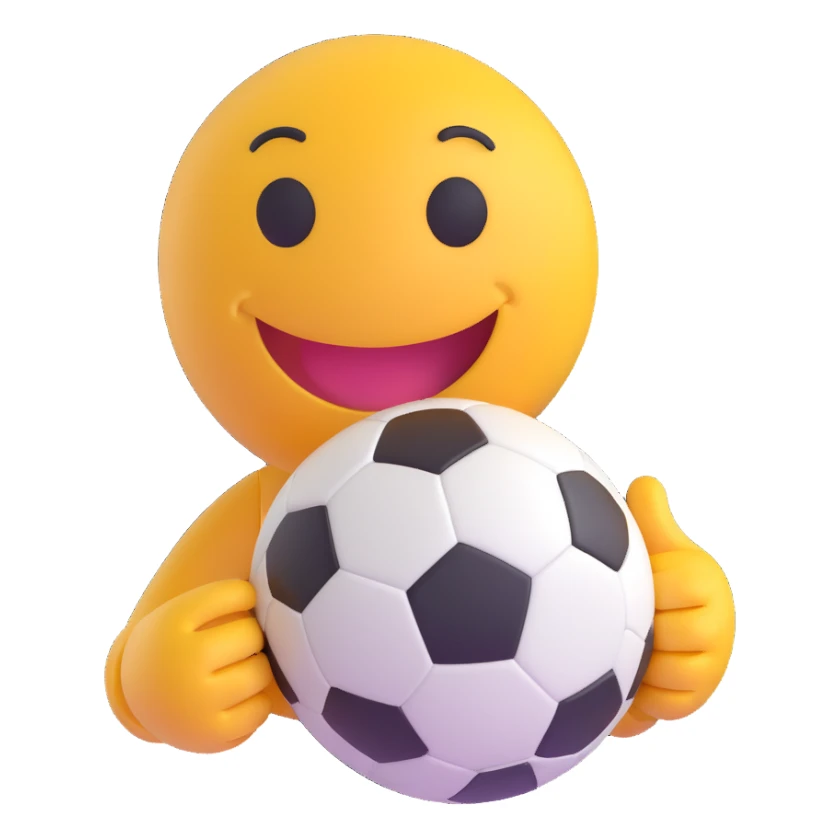 3D smiley emoji, round shape, with soccer ball, sporty face sticker