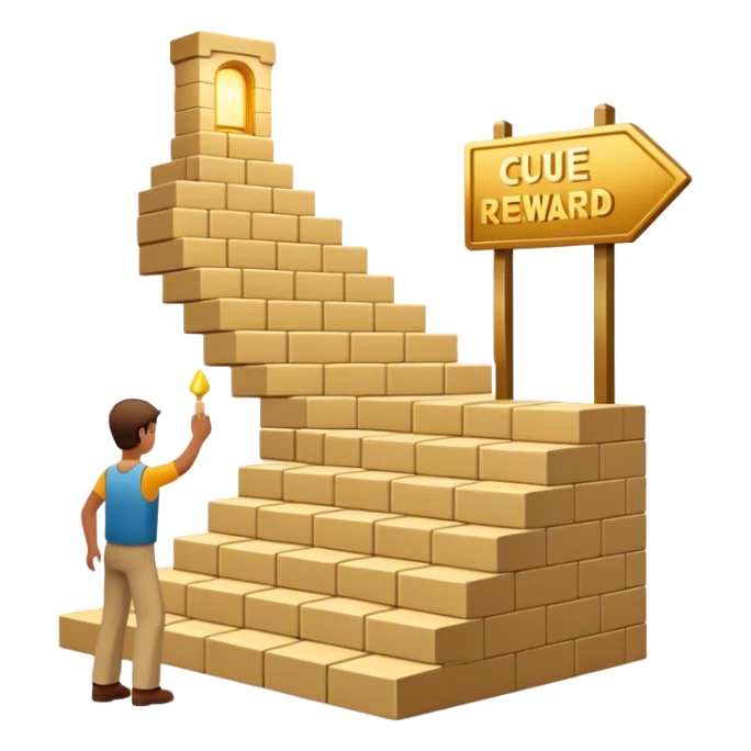 represents the habit formation process with a person stacking bricks to build a staircase, a signpost labeled "Cue → Action → Reward", and a glowing golden door at the top symbolizing success and transformation. Let me know if you need any tweaks! 🚀 sticker
