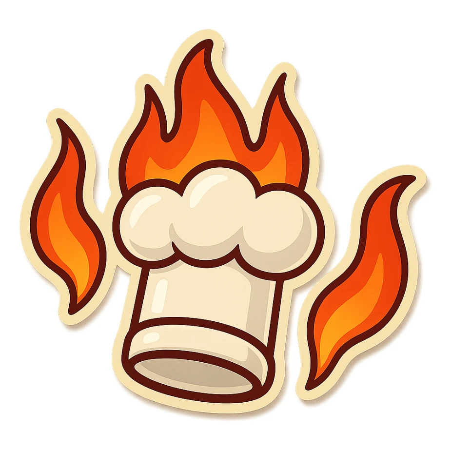chef's hat explode with trails of fires, emoji, playful, flame red gradient, hat is pure white, vibrant, flame matching style reference file sticker