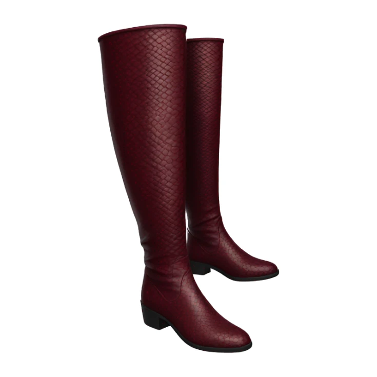 1 burgundy long boots with no face and a snake skin material  sticker