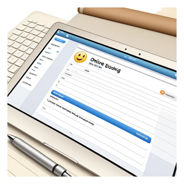 online booking system on MacBook screen next to old-style paper notebook with pen sticker